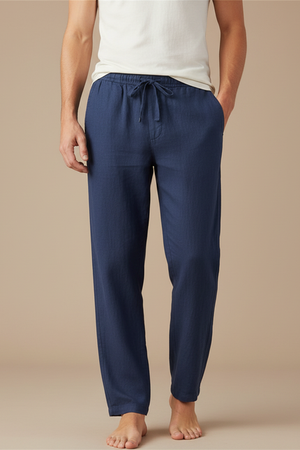 Pantalon Fluide Bleu Marine Lin Droit Décontracté Homme