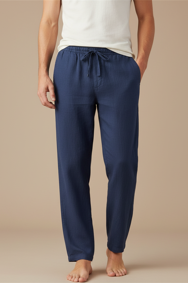 Pantalon Fluide Bleu Marine Lin Droit Décontracté Homme