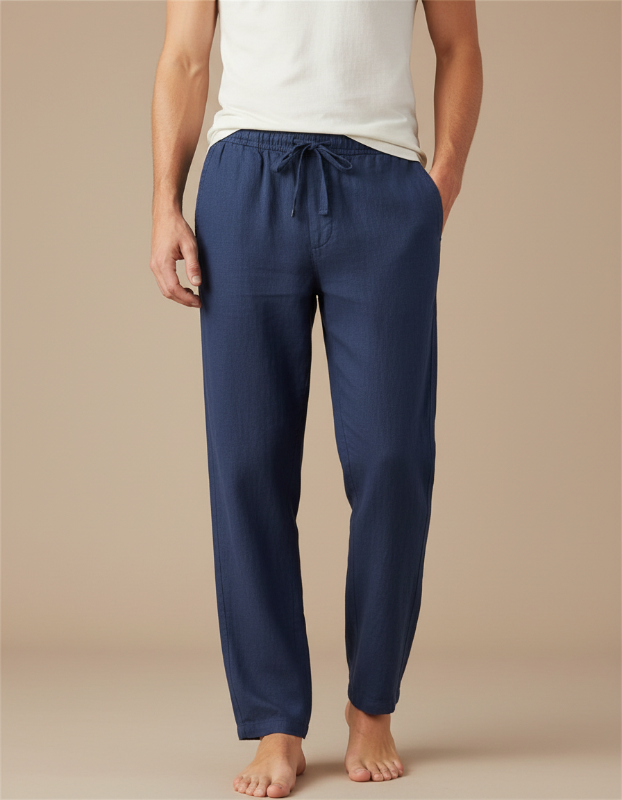 Pantalon Fluide Bleu Marine Lin Droit Décontracté Homme