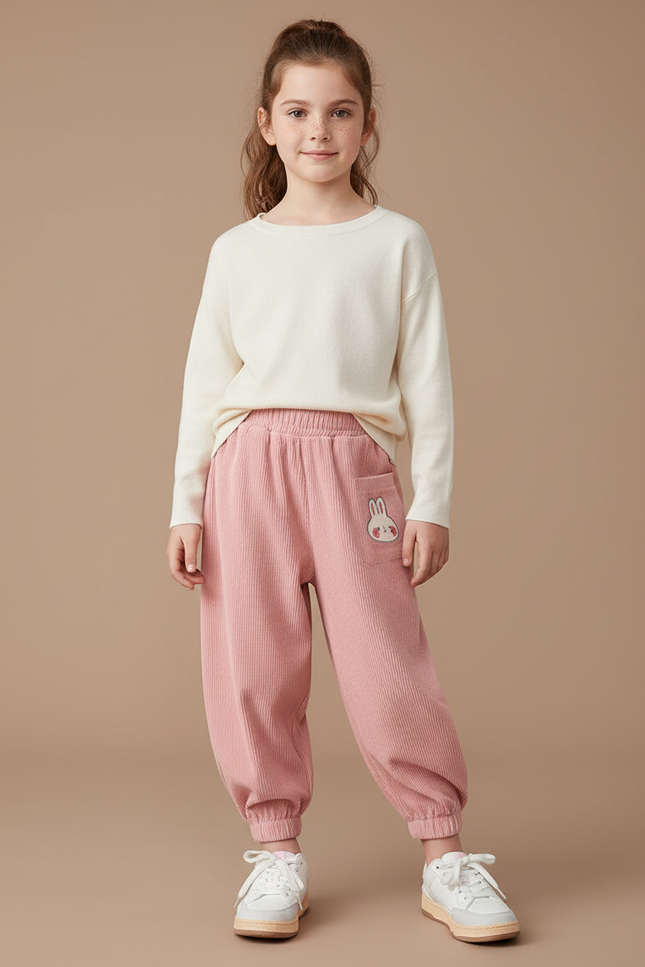 Pantalon Fluide Côtelé Rose Ample Brodé Lapin Fille - Cordé