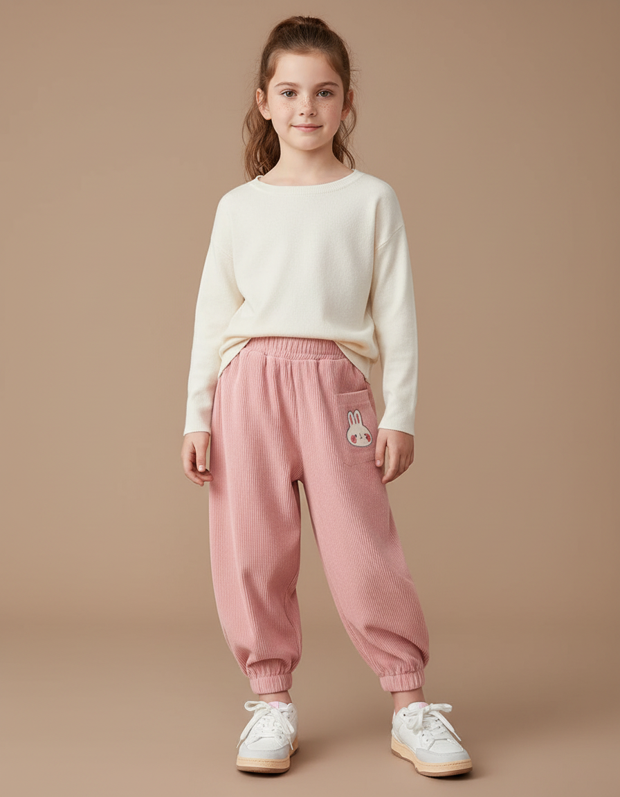 Pantalon Fluide Côtelé Rose Ample Brodé Lapin Fille - Cordé