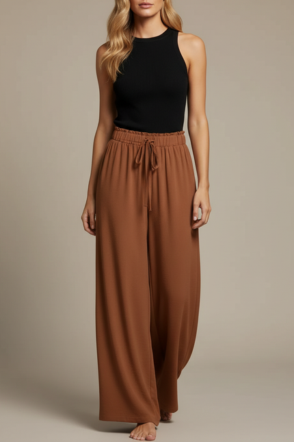 Pantalon Fluide Marron Ample Taille Haute Cordon - Viscose