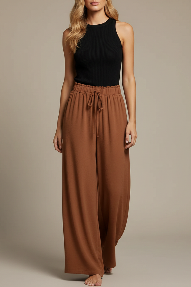 Pantalon Fluide Marron Ample Taille Haute Cordon - Viscose