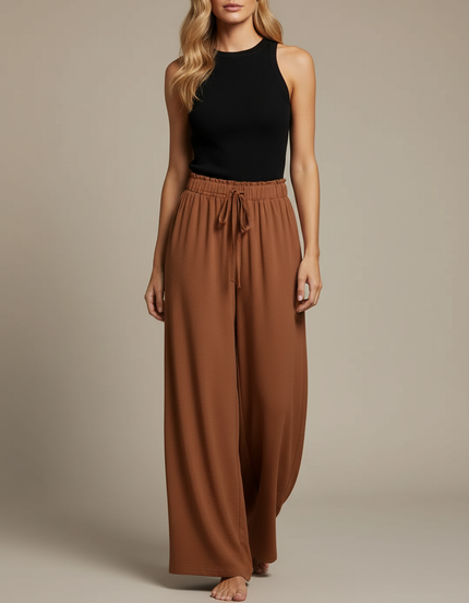Pantalon Fluide Marron Ample Taille Haute Cordon - Viscose