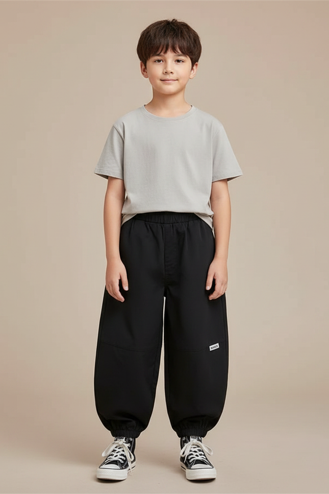 Pantalon Fluide Noir Ample Cargo Garçon Coton