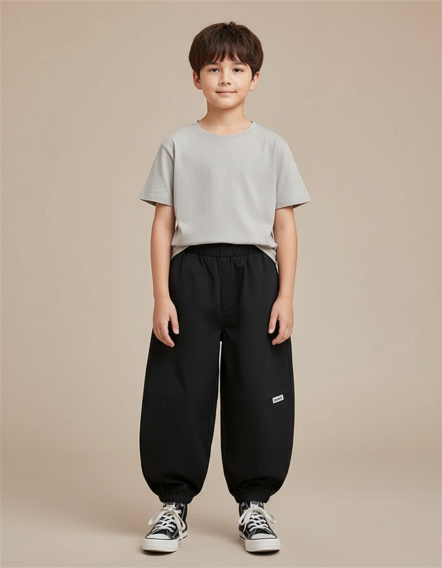 Pantalon Fluide Noir Ample Cargo Garçon Coton
