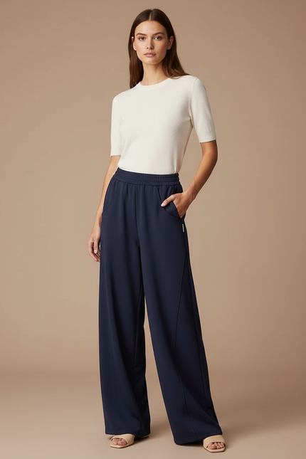 Pantalon Fluide Ample Marine Taille Haute Décontracté - Maille