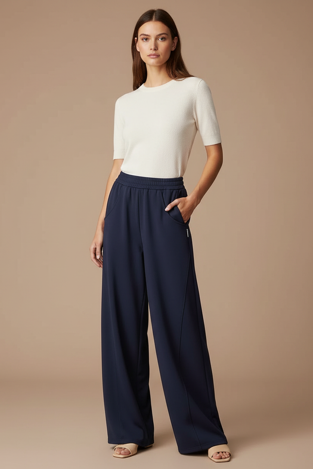 Pantalon Fluide Ample Marine Taille Haute Décontracté - Maille