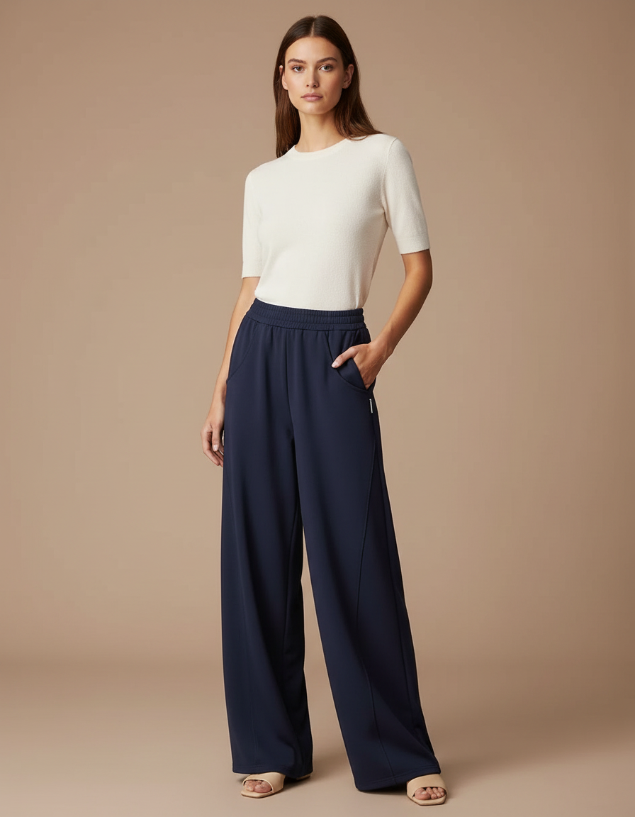 Pantalon Fluide Ample Marine Taille Haute Décontracté - Maille