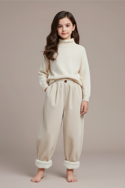 Pantalon Fluide Beige Côtelé Ample Doublé Enfant - Cordé