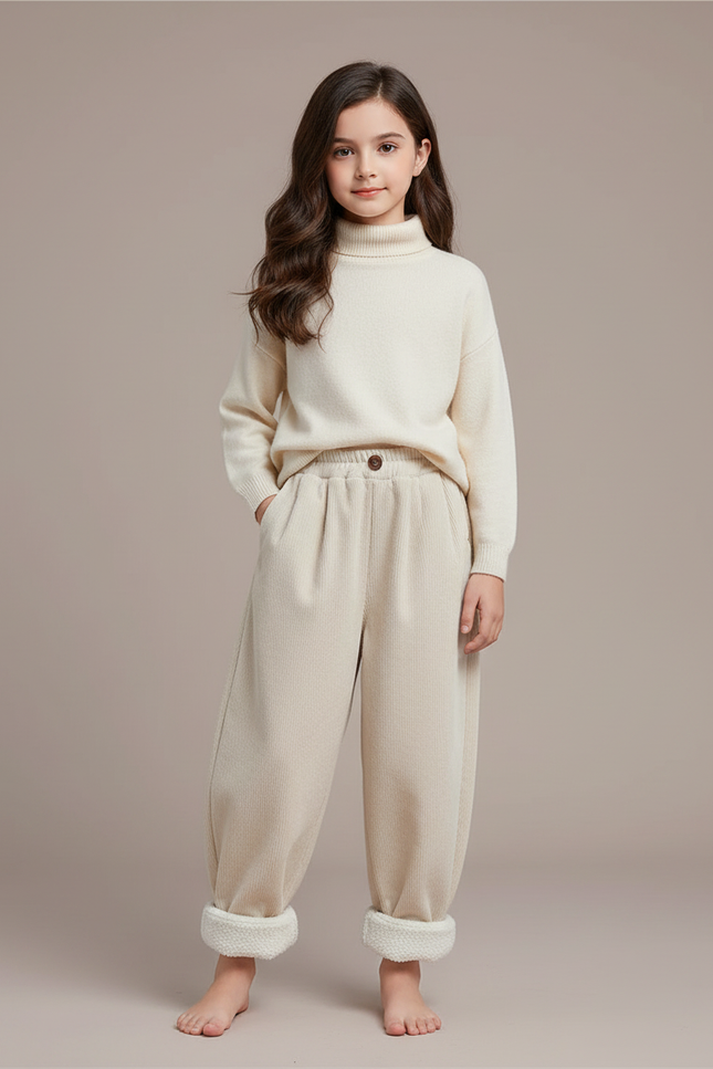 Pantalon Fluide Beige Côtelé Ample Doublé Enfant - Cordé