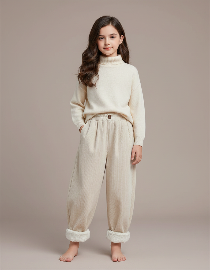 Pantalon Fluide Beige Côtelé Ample Doublé Enfant - Cordé