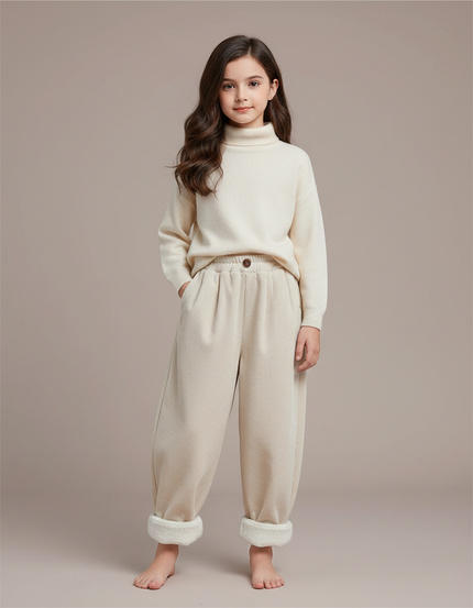 Pantalon Fluide Beige Côtelé Ample Doublé Enfant - Cordé