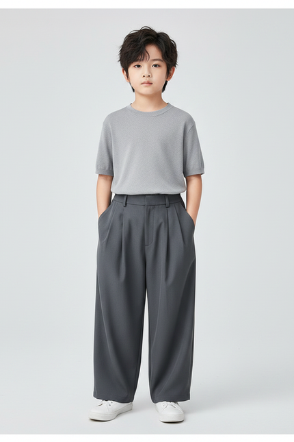 Pantalon Fluide Gris Ample Plissé Décontracté Garçon - Polyester