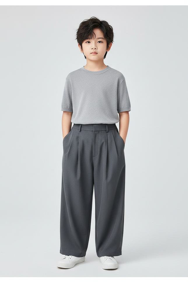 Pantalon Fluide Gris Ample Plissé Décontracté Garçon - Polyester