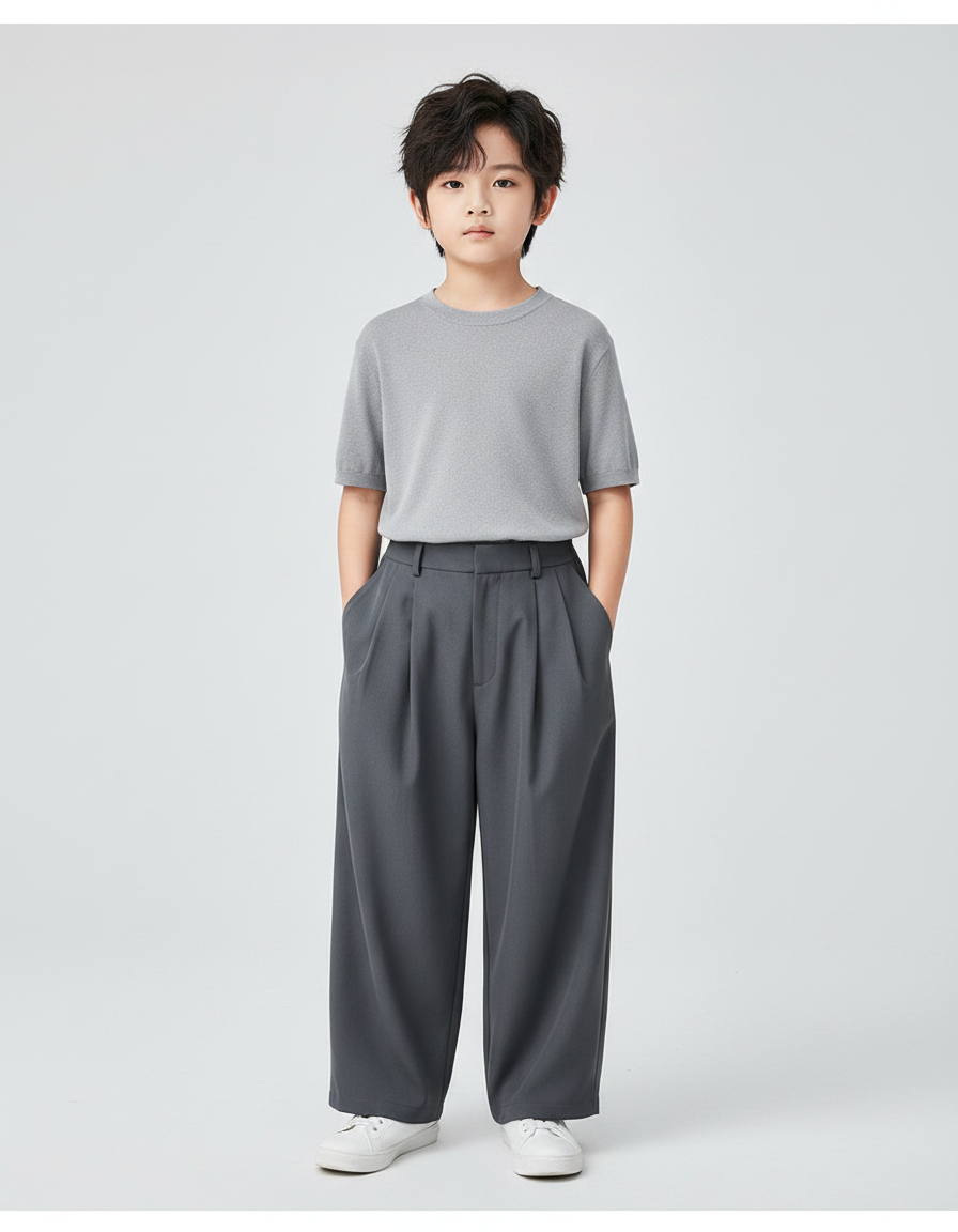 Pantalon Fluide Gris Ample Plissé Décontracté Garçon - Polyester