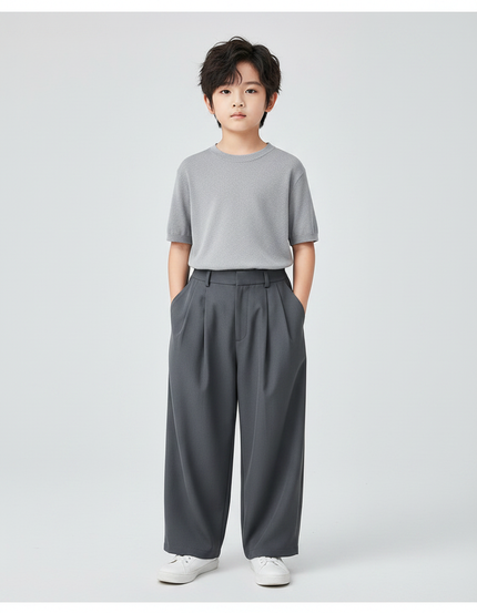 Pantalon Fluide Gris Ample Plissé Décontracté Garçon - Polyester