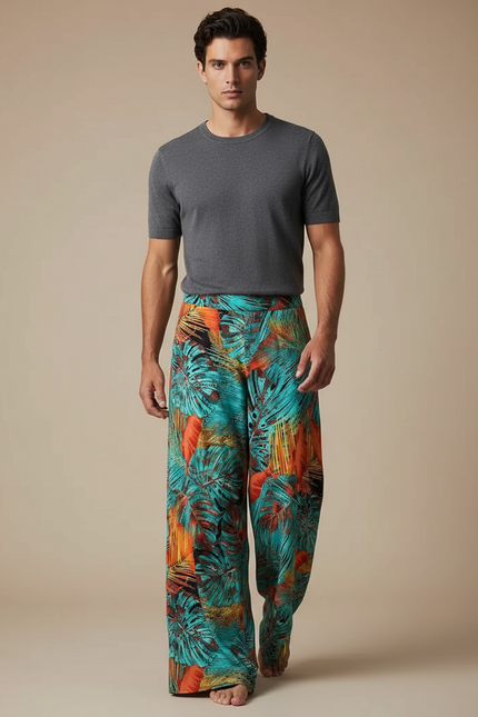 Pantalon Fluide Imprimé Feuillage Tropical Ample Homme - Viscose