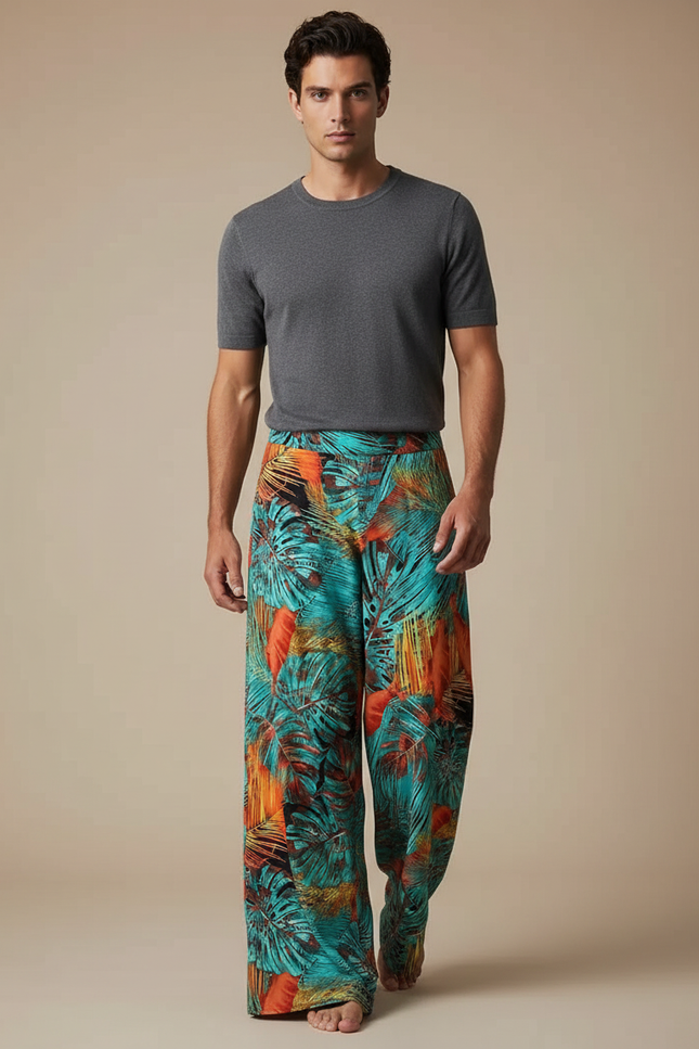 Pantalon Fluide Imprimé Feuillage Tropical Ample Homme - Viscose