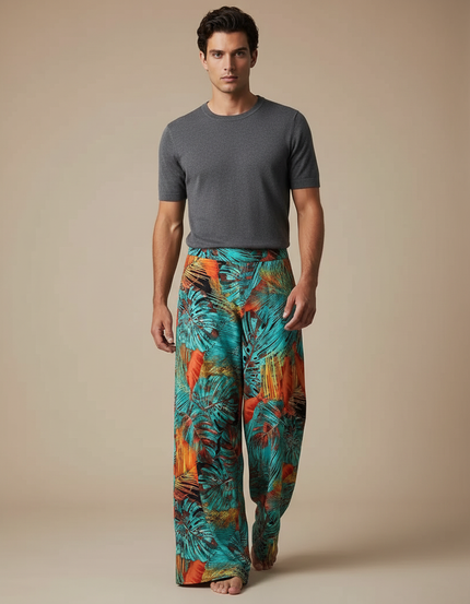 Pantalon Fluide Imprimé Feuillage Tropical Ample Homme - Viscose