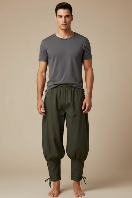 Pantalon Fluide Vert Ample Lacets Coton Homme - Kaki