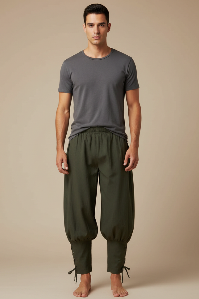 Pantalon Fluide Vert Ample Lacets Coton Homme - Kaki