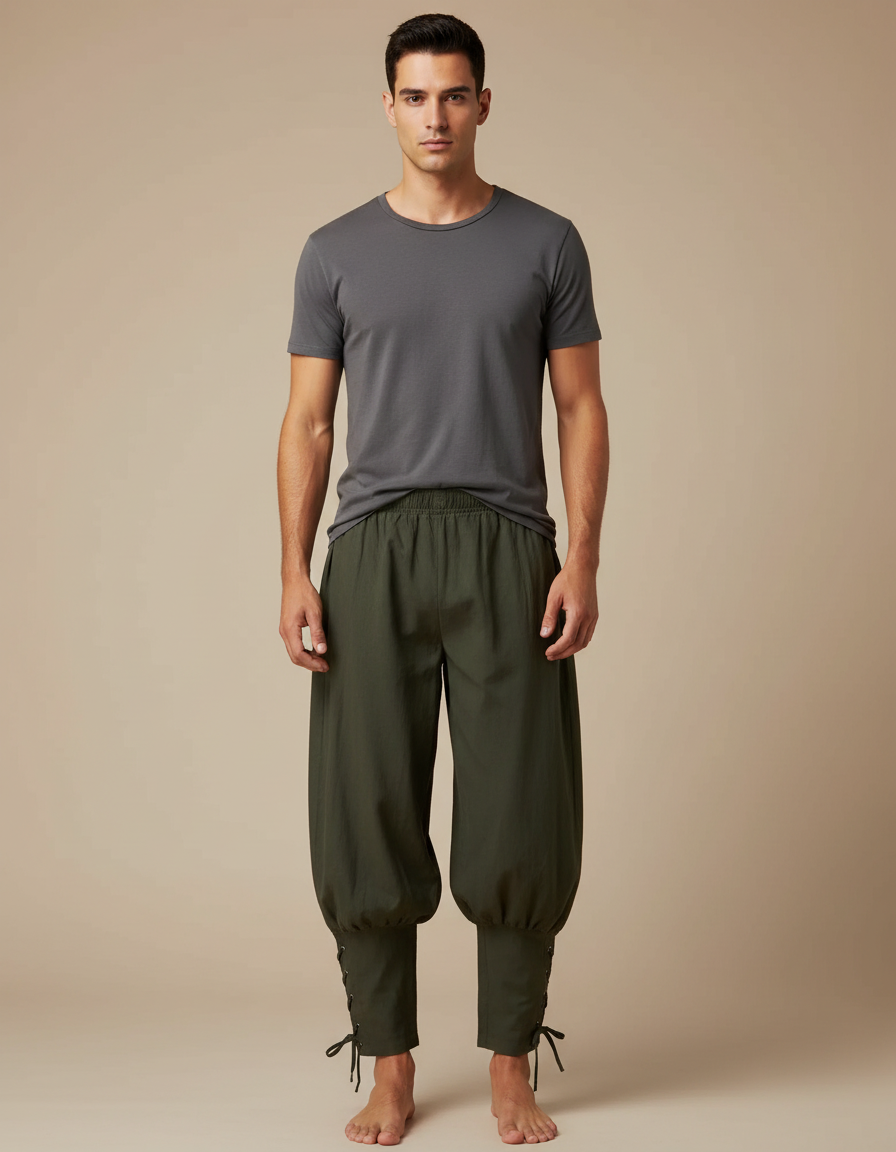 Pantalon Fluide Vert Ample Lacets Coton Homme - Kaki