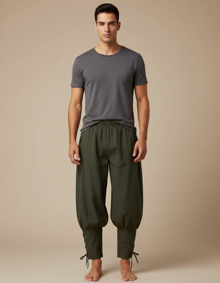 Pantalon Fluide Vert Ample Lacets Coton Homme - Kaki