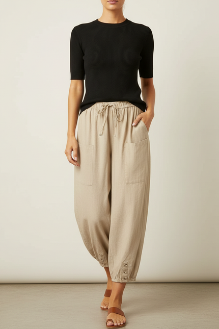 Pantalon Fluide Beige Coton Lin Ample Boutonné