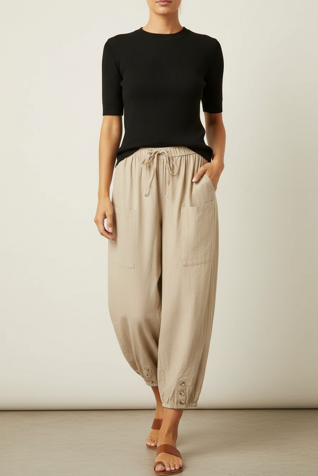 Pantalon Fluide Beige Coton Lin Ample Boutonné