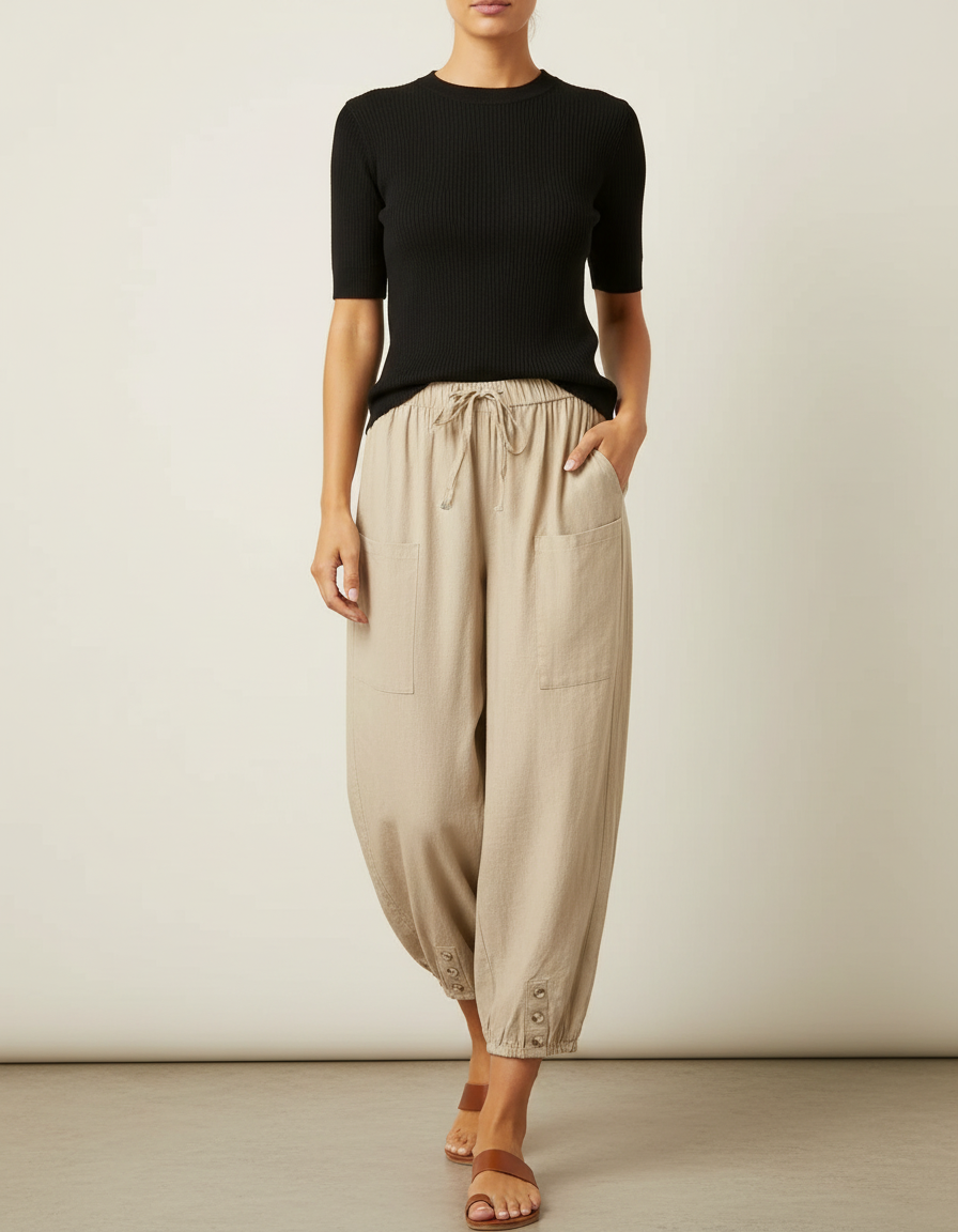 Pantalon Fluide Beige Coton Lin Ample Boutonné