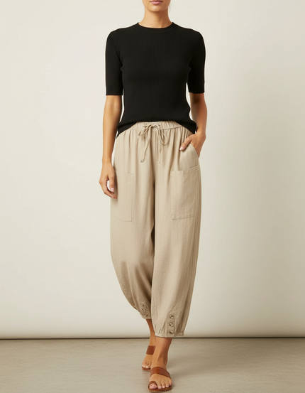 Pantalon Fluide Beige Coton Lin Ample Boutonné