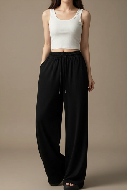 Pantalon Fluide Noir Ample Cordon Décontracté Sport Femme - Molleton