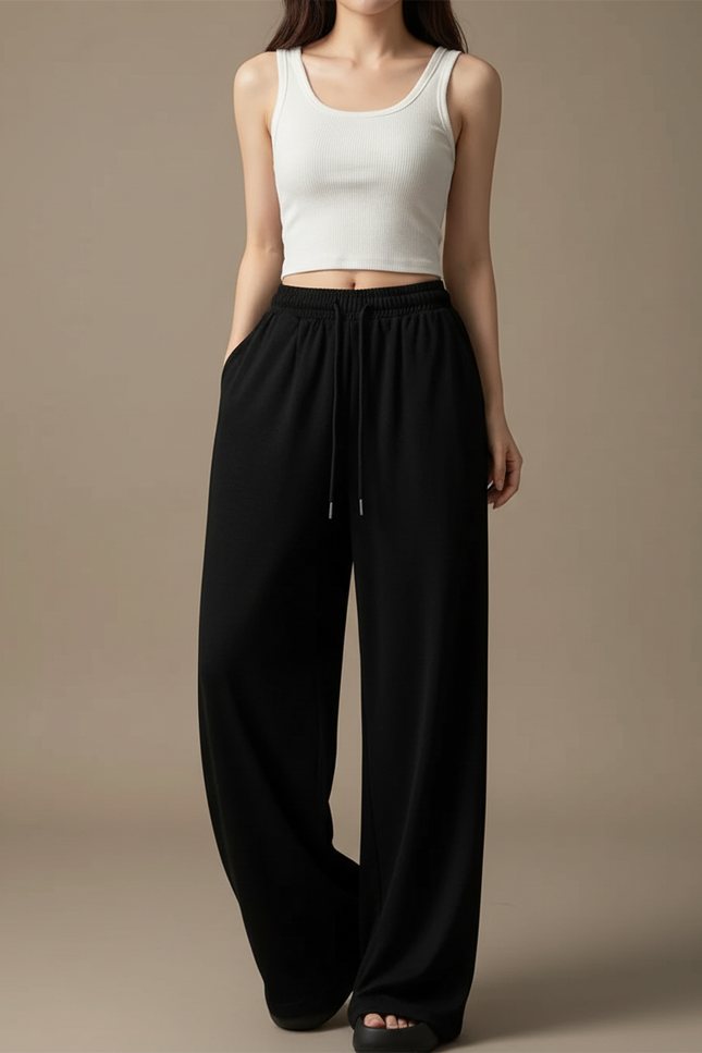 Pantalon Fluide Noir Ample Cordon Décontracté Sport Femme - Molleton