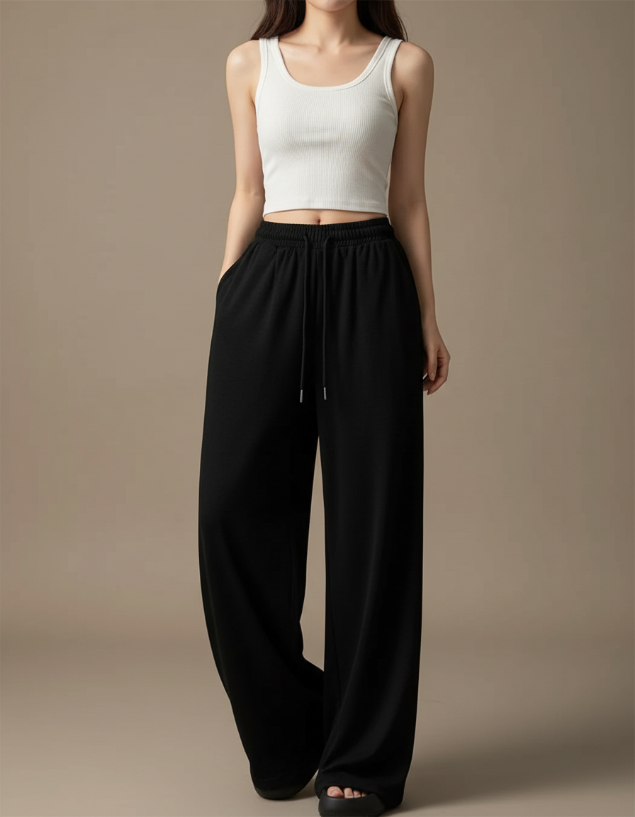 Pantalon Fluide Noir Ample Cordon Décontracté Sport Femme - Molleton