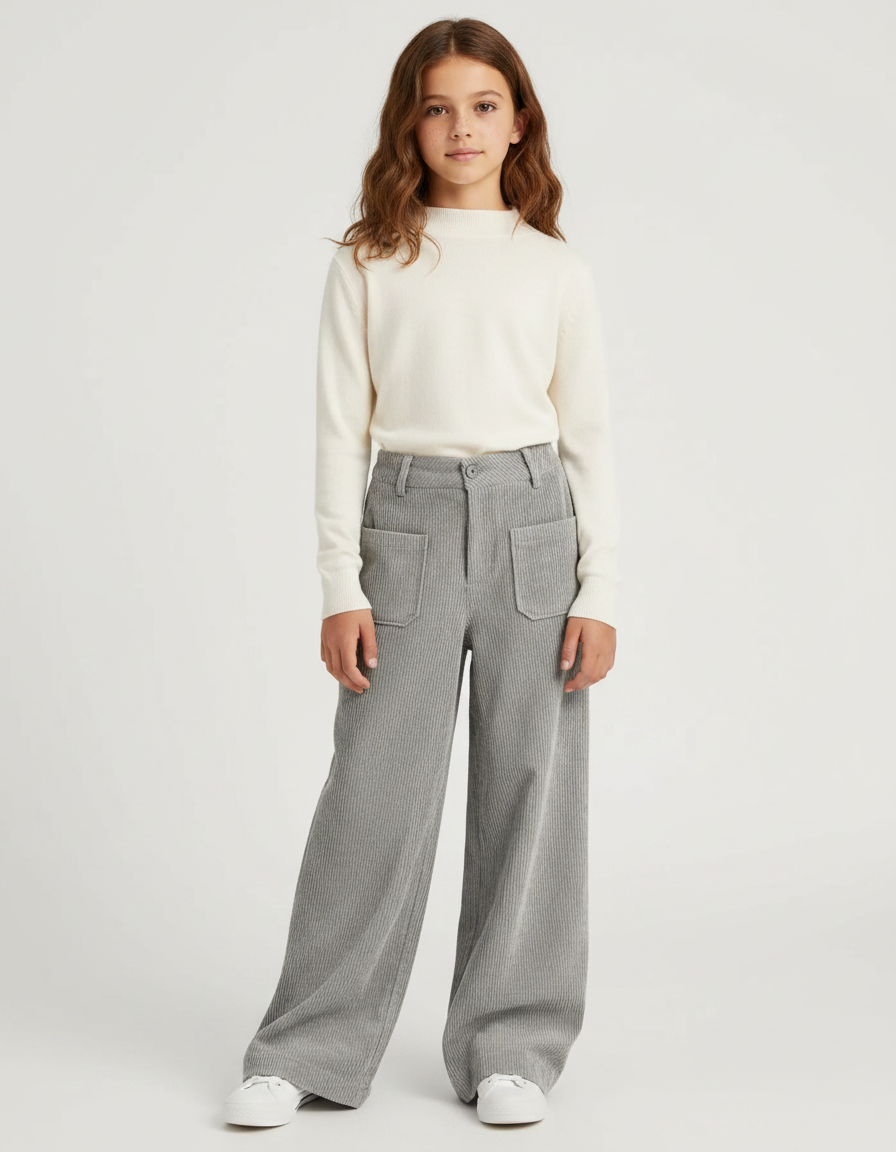 Pantalon Fluide Fille Gris Palazzo Coton - Cordé