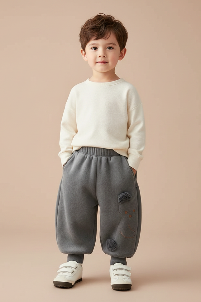 Pantalon Fluide Gris Ample Polaire Élastique Motif Ours - Molleton