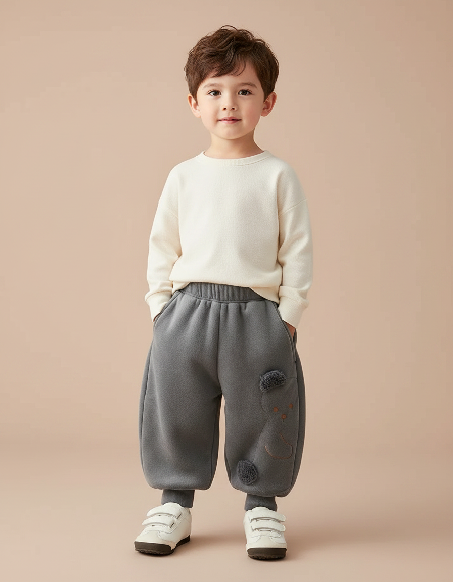 Pantalon Fluide Gris Ample Polaire Élastique Motif Ours - Molleton