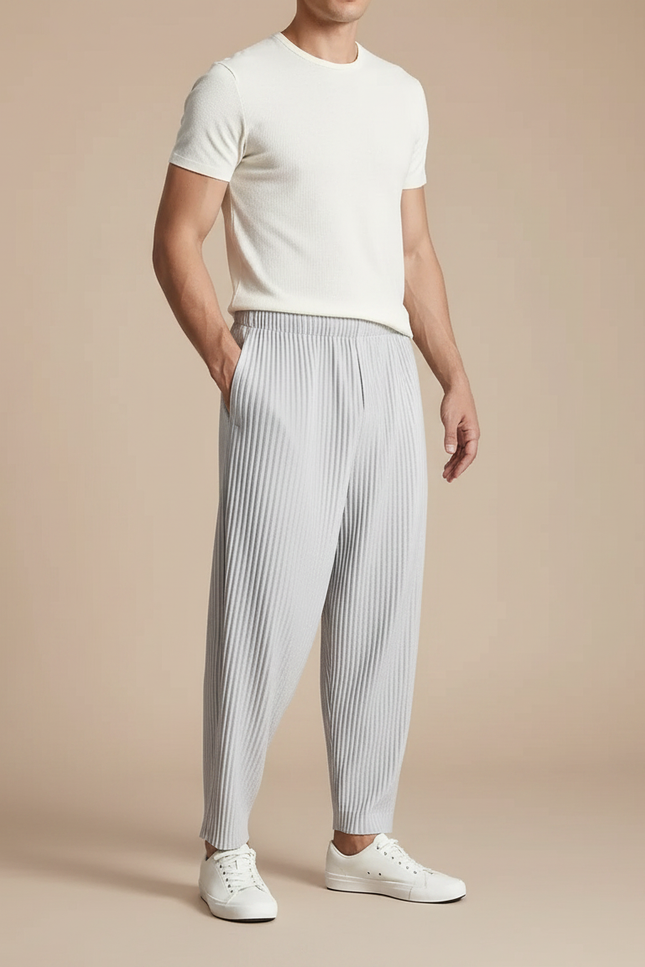 Pantalon Fluide Plissé Gris Ample Décontracté Homme Coton - Polyester