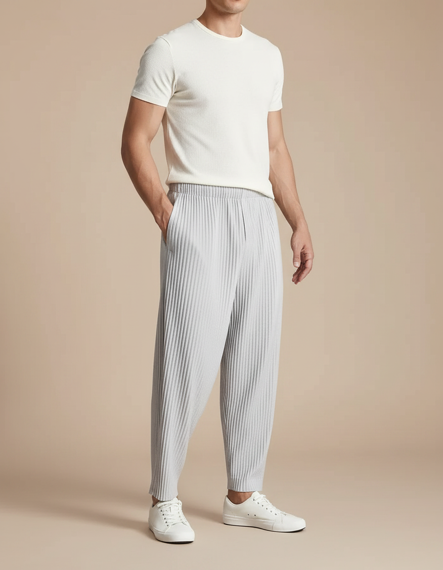 Pantalon Fluide Plissé Gris Ample Décontracté Homme Coton - Polyester