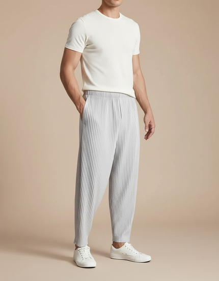 Pantalon Fluide Plissé Gris Ample Décontracté Homme Coton - Polyester