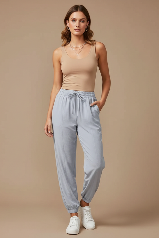 Pantalon Fluide Gris Ample Sportif Décontracté Femme - Viscose