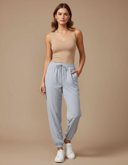 Pantalon Fluide Gris Ample Sportif Décontracté Femme - Viscose
