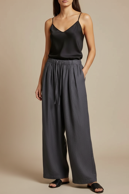 Pantalon Fluide Gris Ample Lin Décontracté