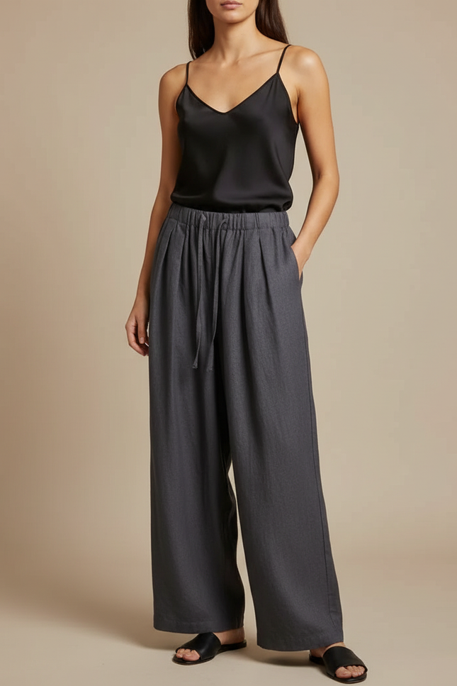Pantalon Fluide Gris Ample Lin Décontracté