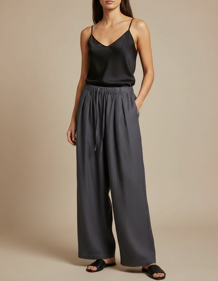 Pantalon Fluide Gris Ample Lin Décontracté