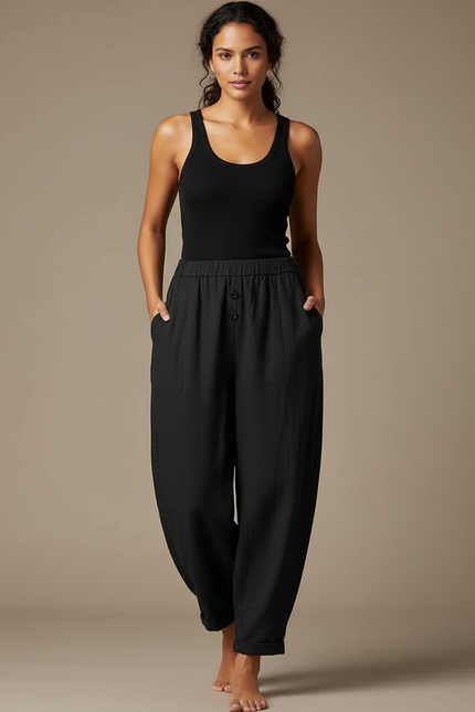 Pantalon Fluide Noir Ample Coton Décontracté Harem - Lin