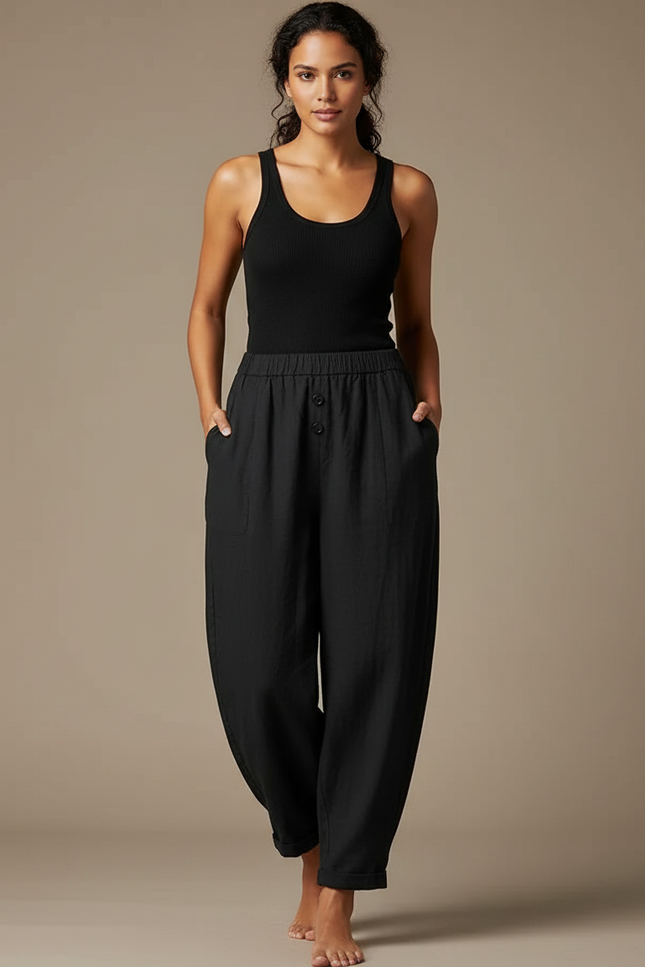 Pantalon Fluide Noir Ample Coton Décontracté Harem - Lin