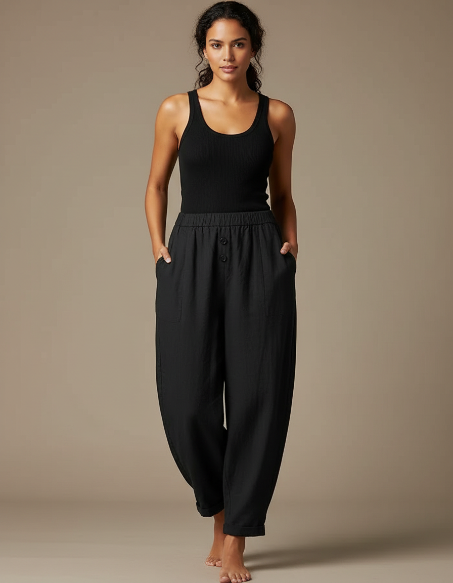 Pantalon Fluide Noir Ample Coton Décontracté Harem - Lin