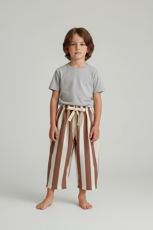 Pantalon Fluide Rayé Marron Ample Coton Enfant